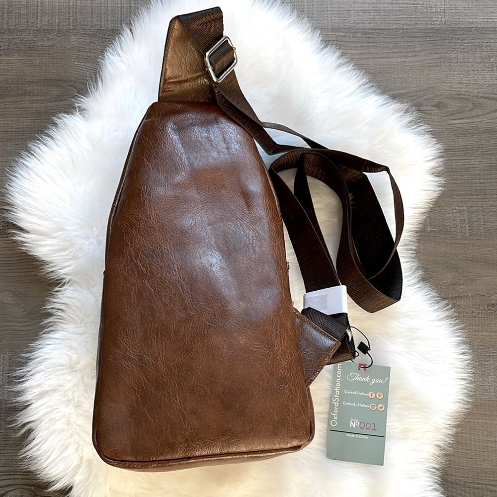 Oxford Station Vintage Style Unisex Crossbody Sling Bag Brown Vegan Leather - Picture 7 of 13